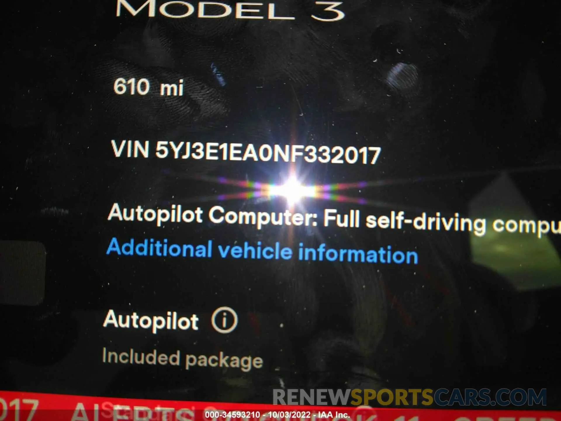 7 fotografías del automóvil dañado 5YJ3E1EA0NF332017 TESLA MODEL 3 2022