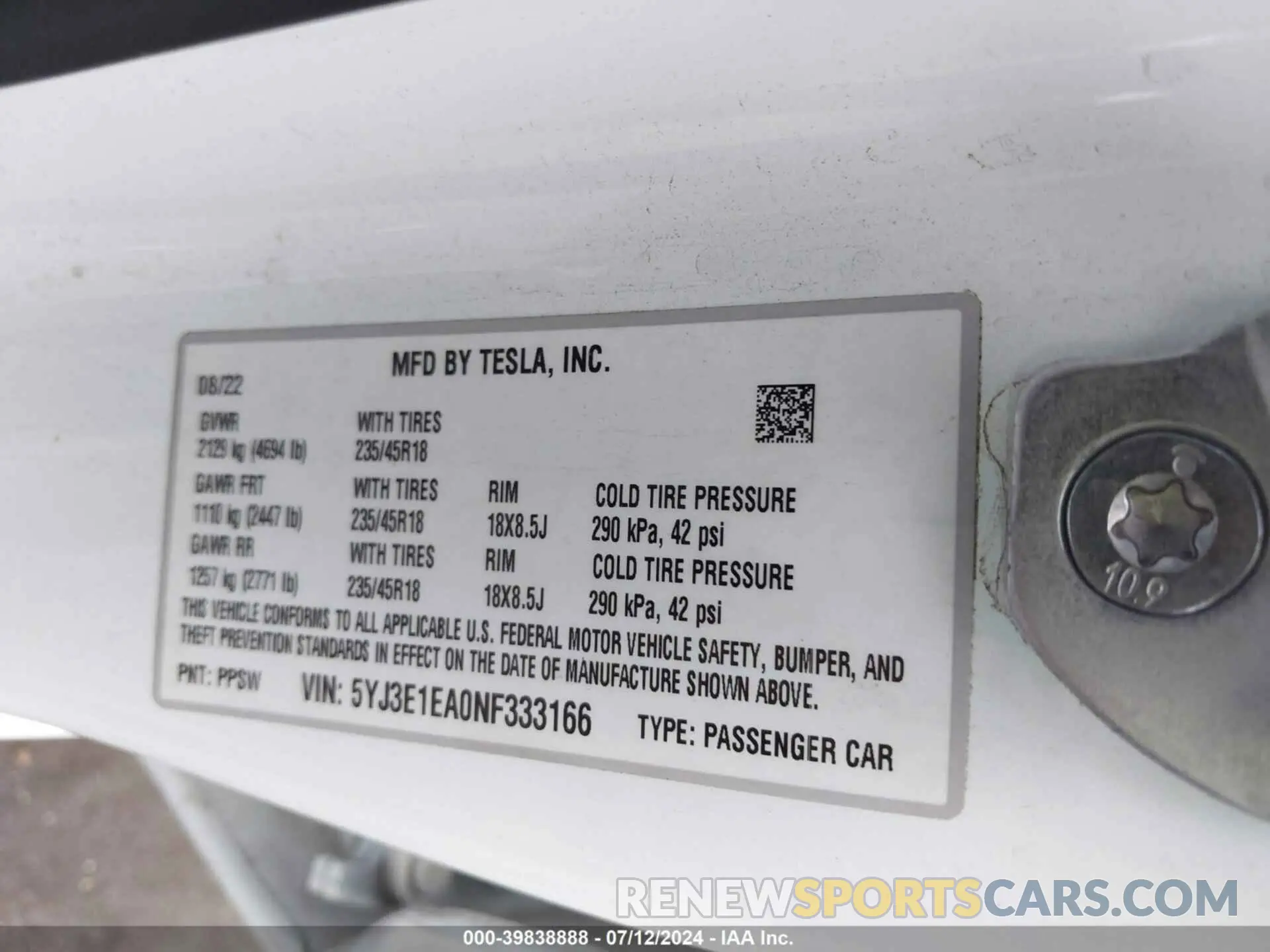 9 fotografías del automóvil dañado 5YJ3E1EA0NF333166 TESLA MODEL 3 2022
