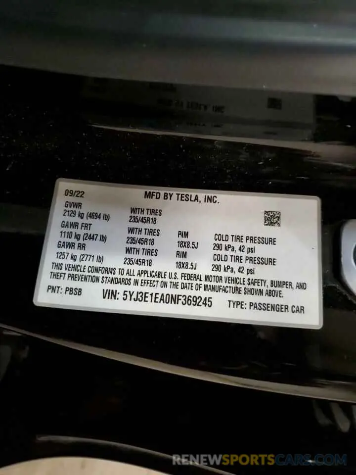 13 fotografías del automóvil dañado 5YJ3E1EA0NF369245 TESLA MODEL 3 2022