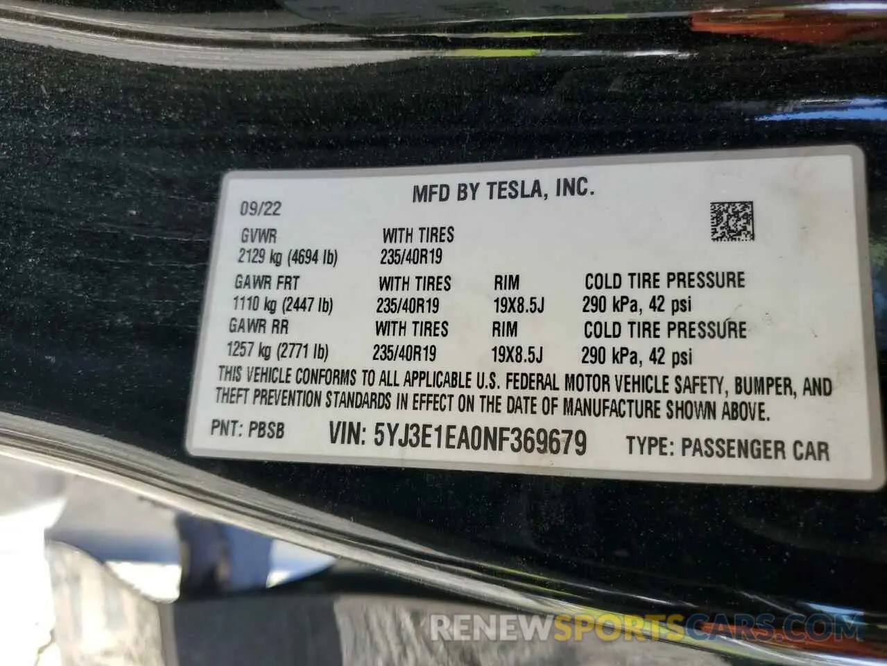 12 fotografías del automóvil dañado 5YJ3E1EA0NF369679 TESLA MODEL 3 2022