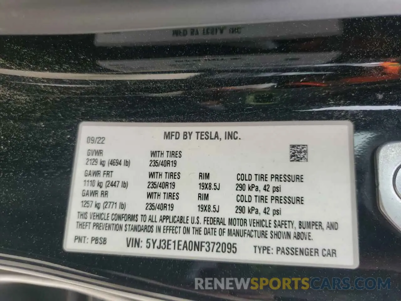 12 fotografías del automóvil dañado 5YJ3E1EA0NF372095 TESLA MODEL 3 2022