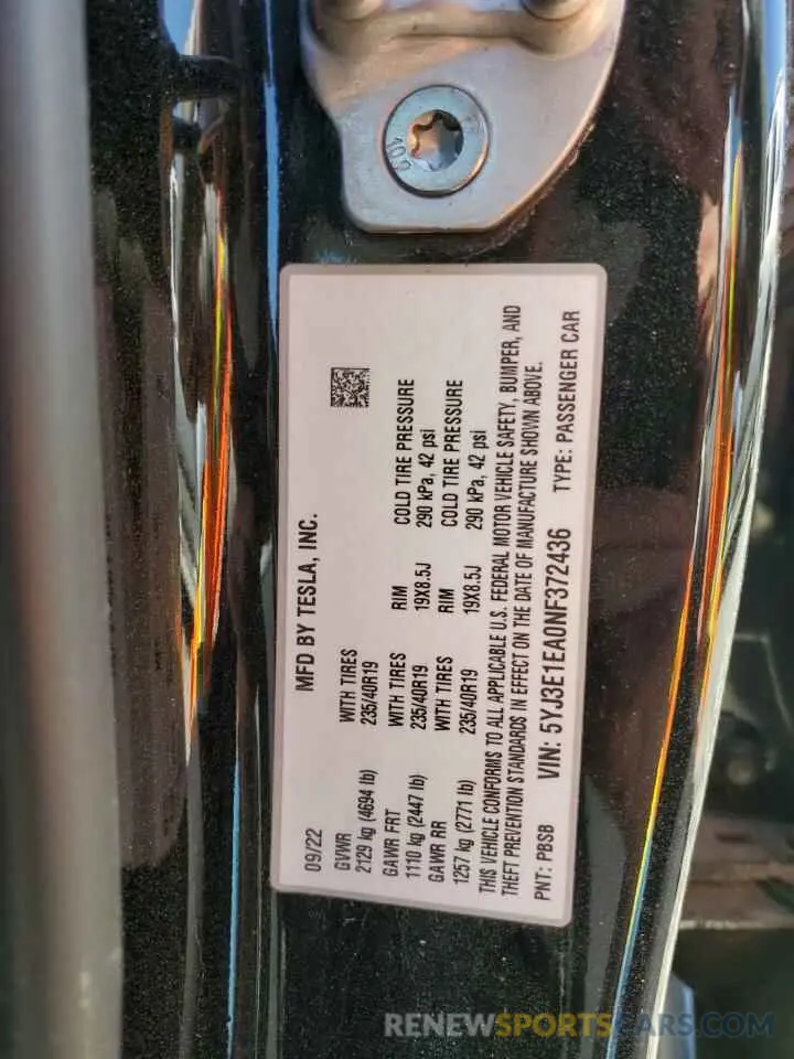 12 fotografías del automóvil dañado 5YJ3E1EA0NF372436 TESLA MODEL 3 2022
