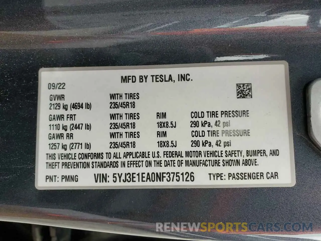13 fotografías del automóvil dañado 5YJ3E1EA0NF375126 TESLA MODEL 3 2022