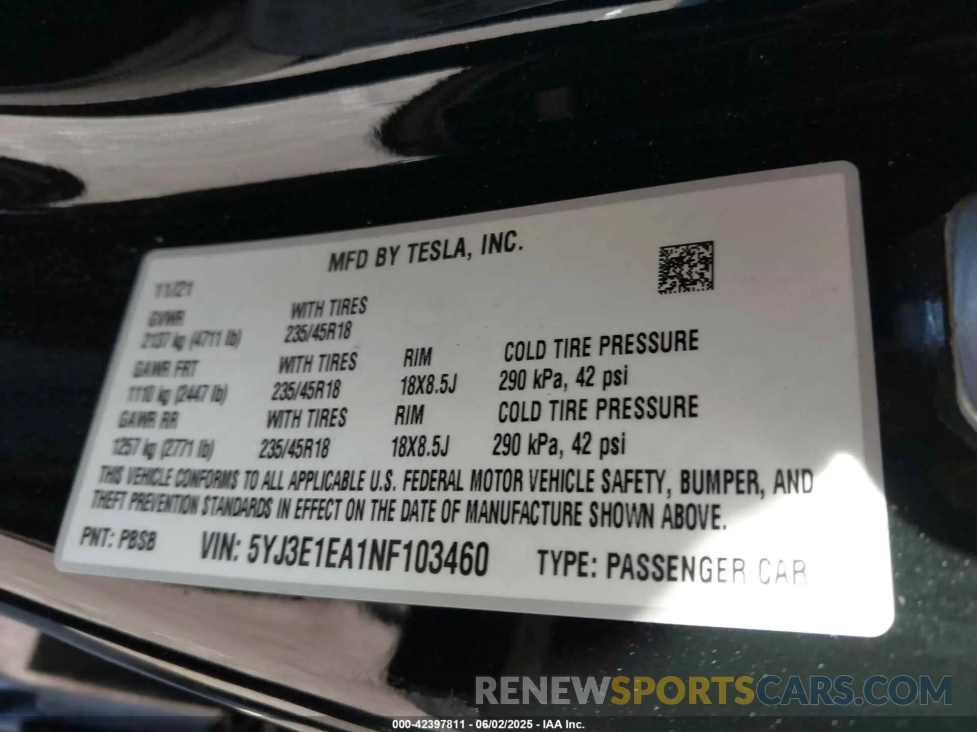 9 fotografías del automóvil dañado 5YJ3E1EA1NF103460 TESLA MODEL 3 2022