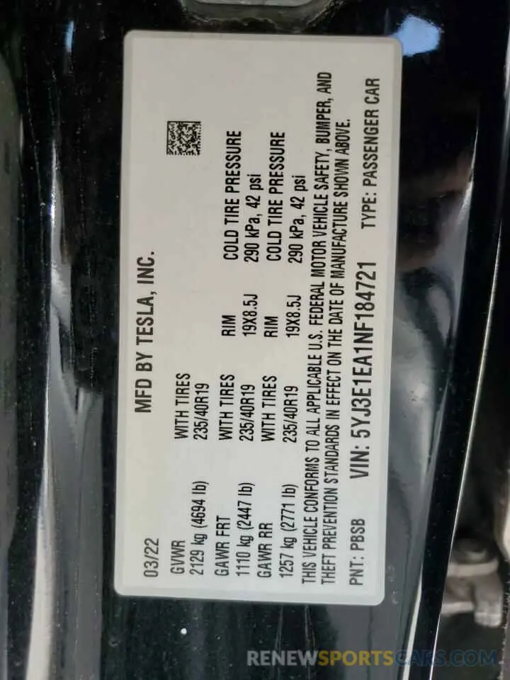 13 fotografías del automóvil dañado 5YJ3E1EA1NF184721 TESLA MODEL 3 2022