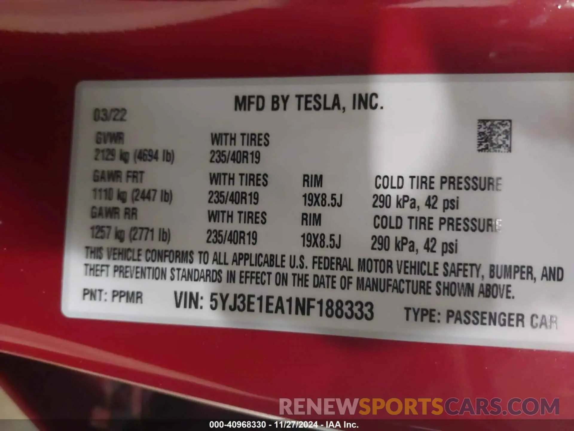 9 fotografías del automóvil dañado 5YJ3E1EA1NF188333 TESLA MODEL 3 2022