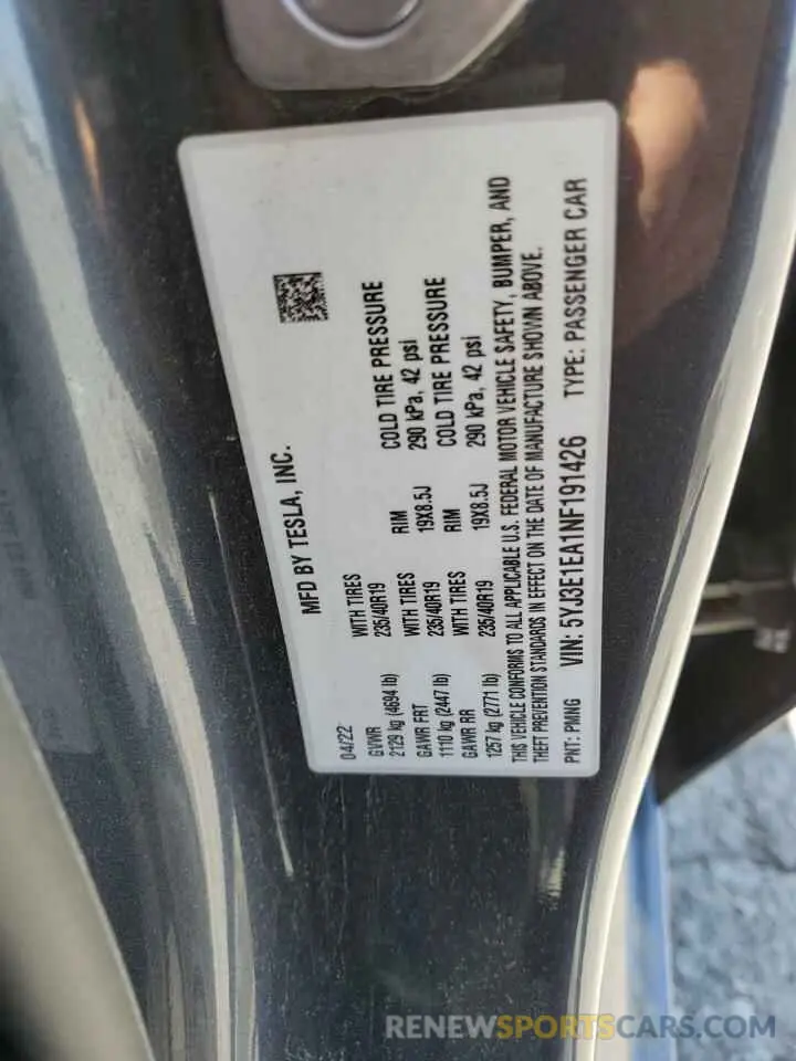 12 fotografías del automóvil dañado 5YJ3E1EA1NF191426 TESLA MODEL 3 2022