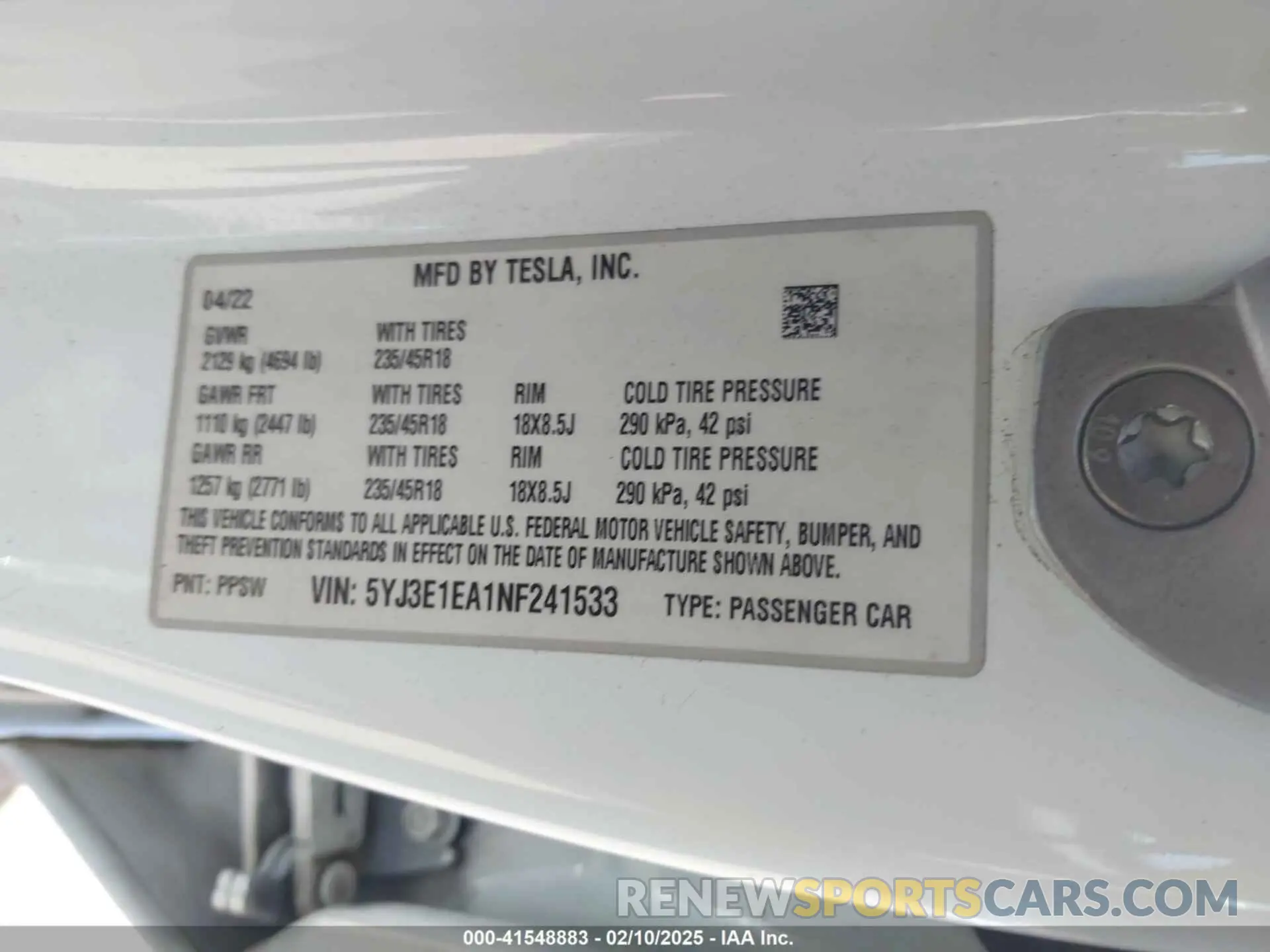 9 fotografías del automóvil dañado 5YJ3E1EA1NF241533 TESLA MODEL 3 2022