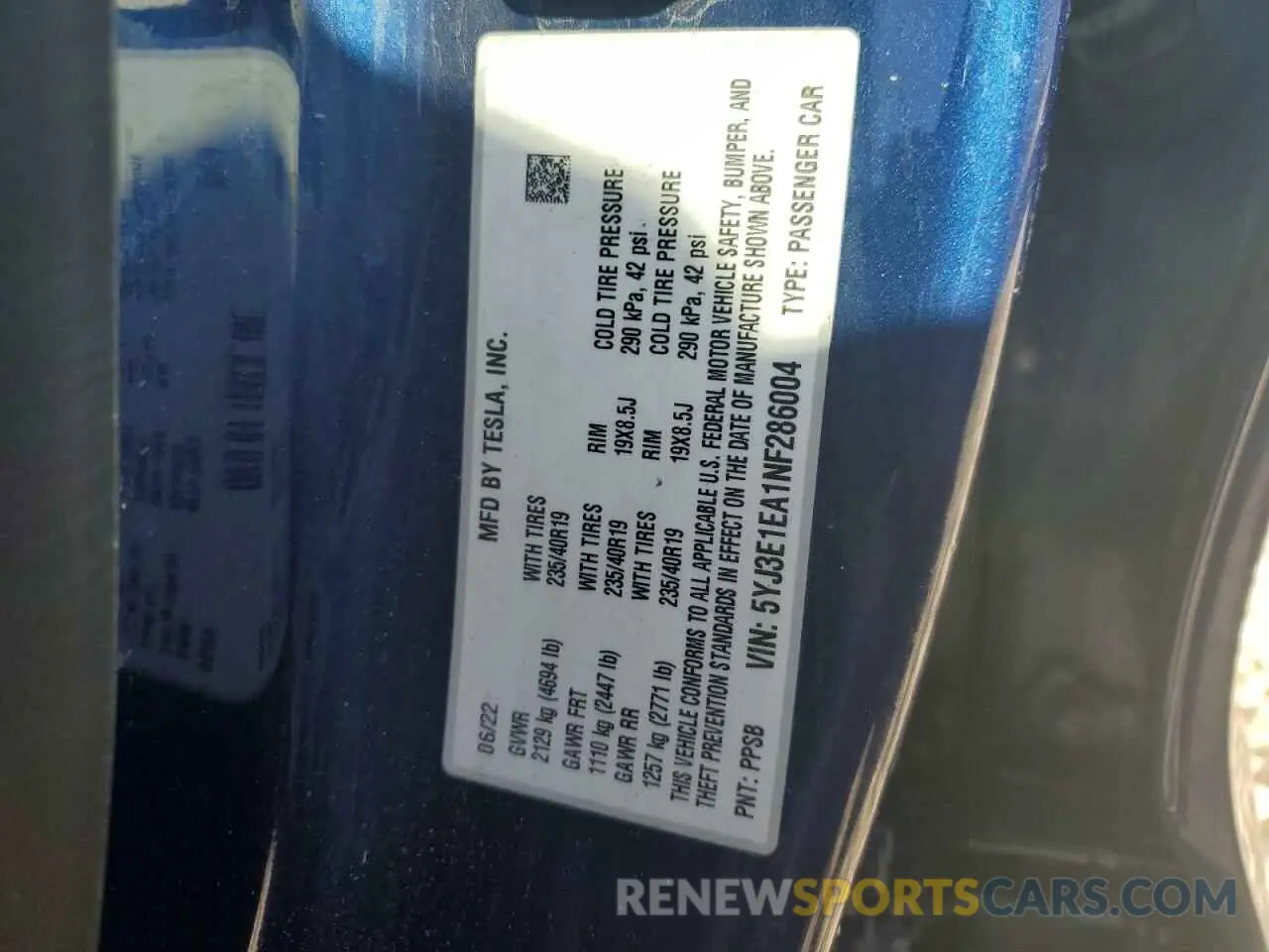13 fotografías del automóvil dañado 5YJ3E1EA1NF286004 TESLA MODEL 3 2022