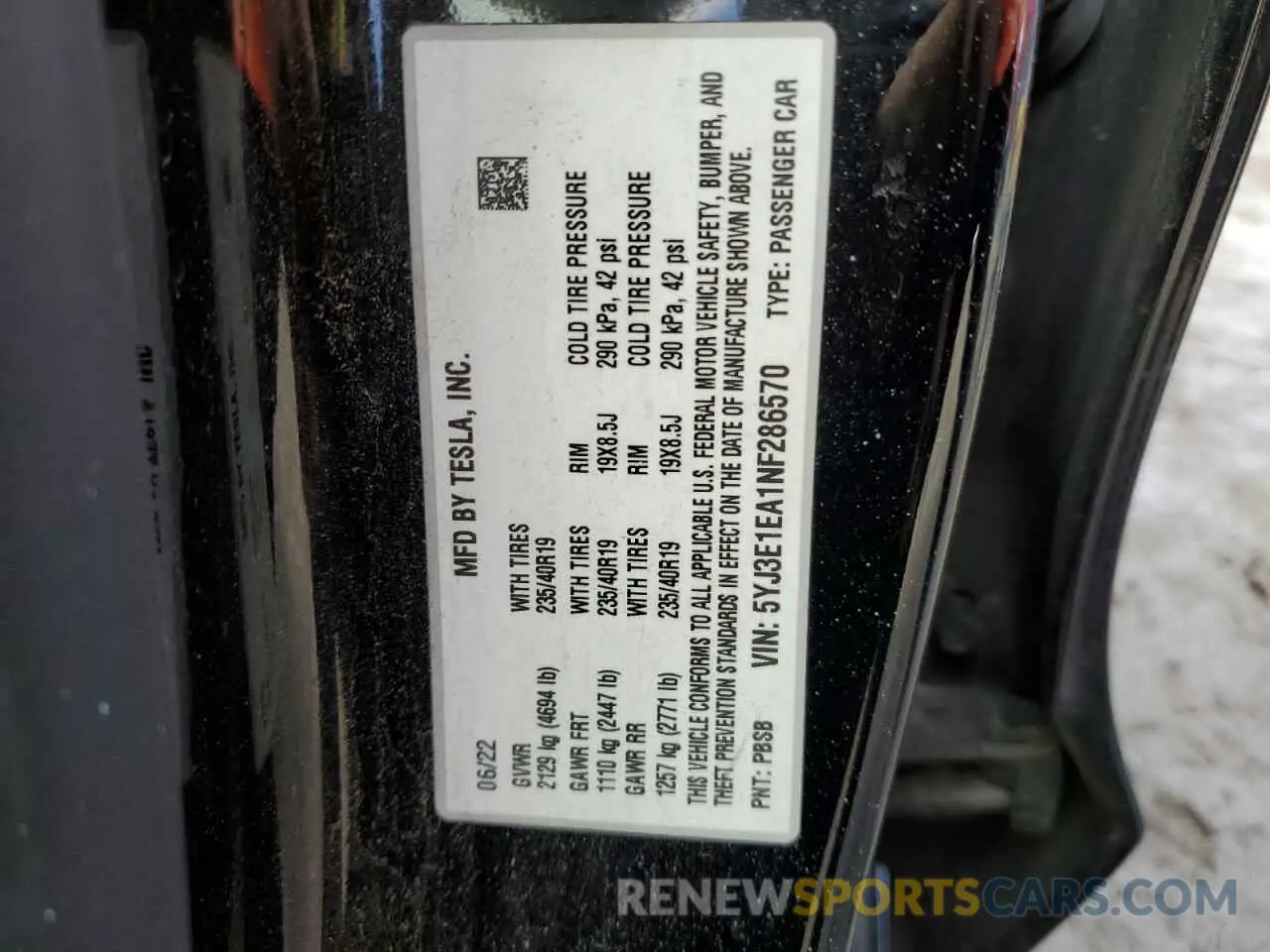 12 fotografías del automóvil dañado 5YJ3E1EA1NF286570 TESLA MODEL 3 2022