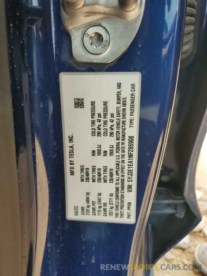 12 fotografías del automóvil dañado 5YJ3E1EA1NF286908 TESLA MODEL 3 2022