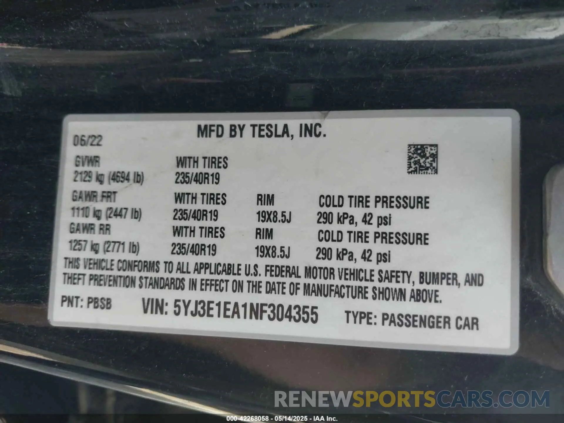 9 fotografías del automóvil dañado 5YJ3E1EA1NF304355 TESLA MODEL 3 2022
