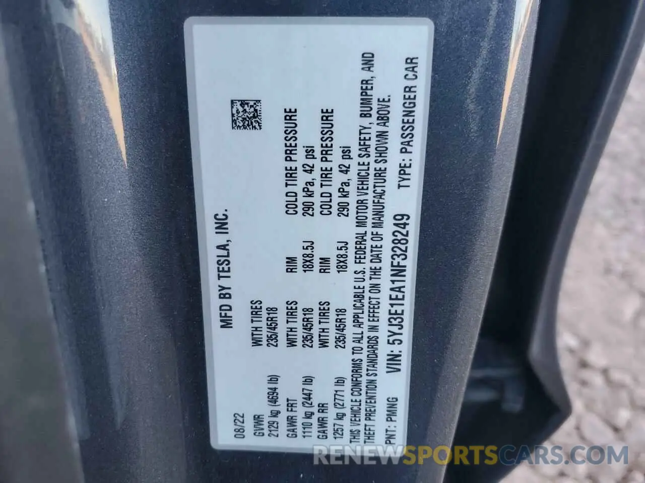 12 fotografías del automóvil dañado 5YJ3E1EA1NF328249 TESLA MODEL 3 2022