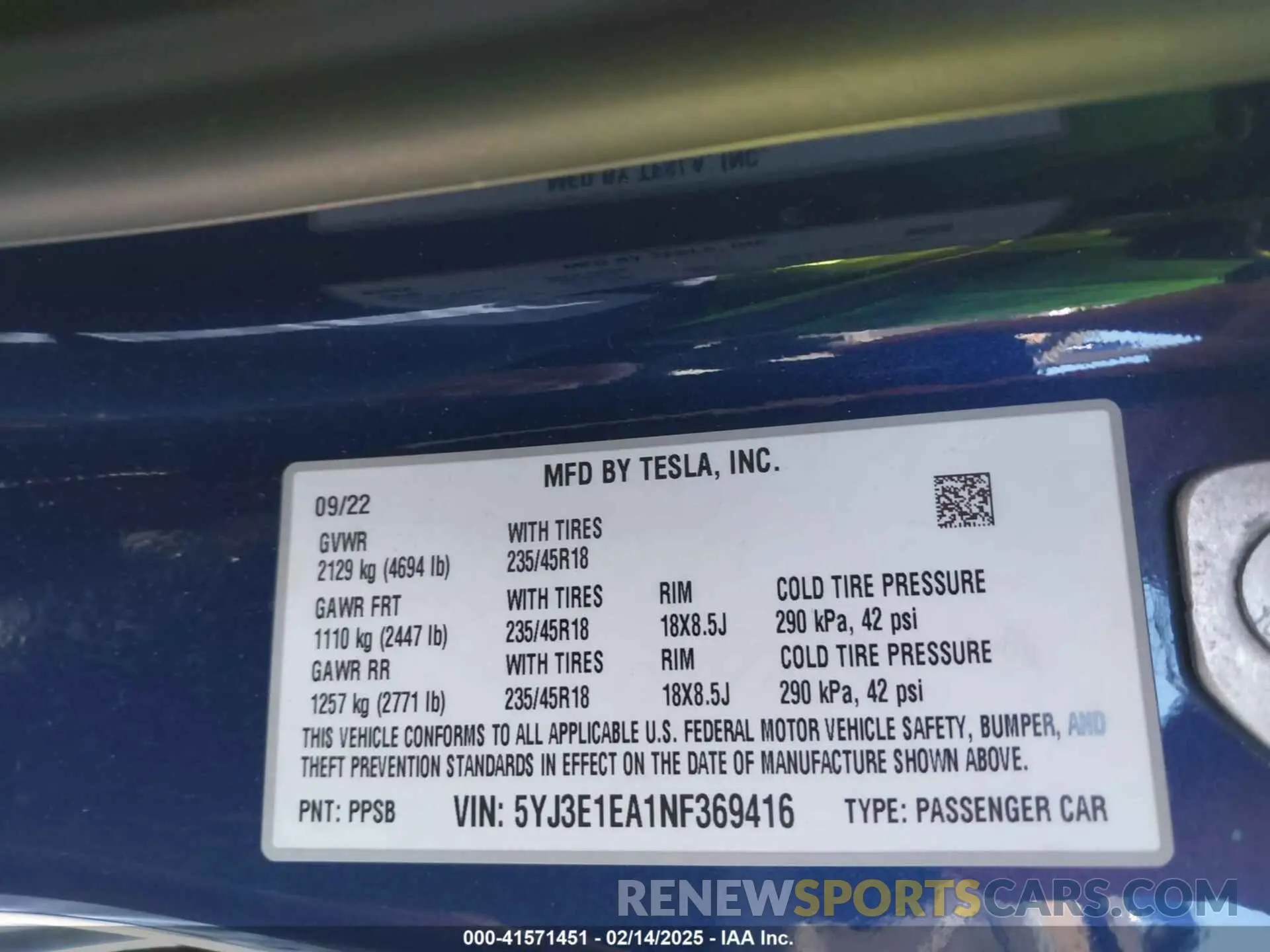 9 fotografías del automóvil dañado 5YJ3E1EA1NF369416 TESLA MODEL 3 2022