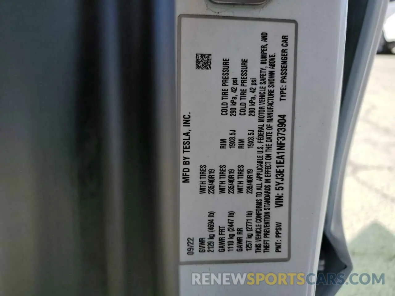 12 fotografías del automóvil dañado 5YJ3E1EA1NF373904 TESLA MODEL 3 2022