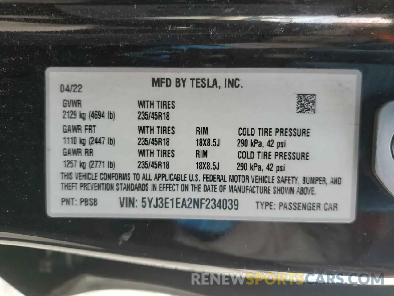 15 fotografías del automóvil dañado 5YJ3E1EA2NF234039 TESLA MODEL 3 2022