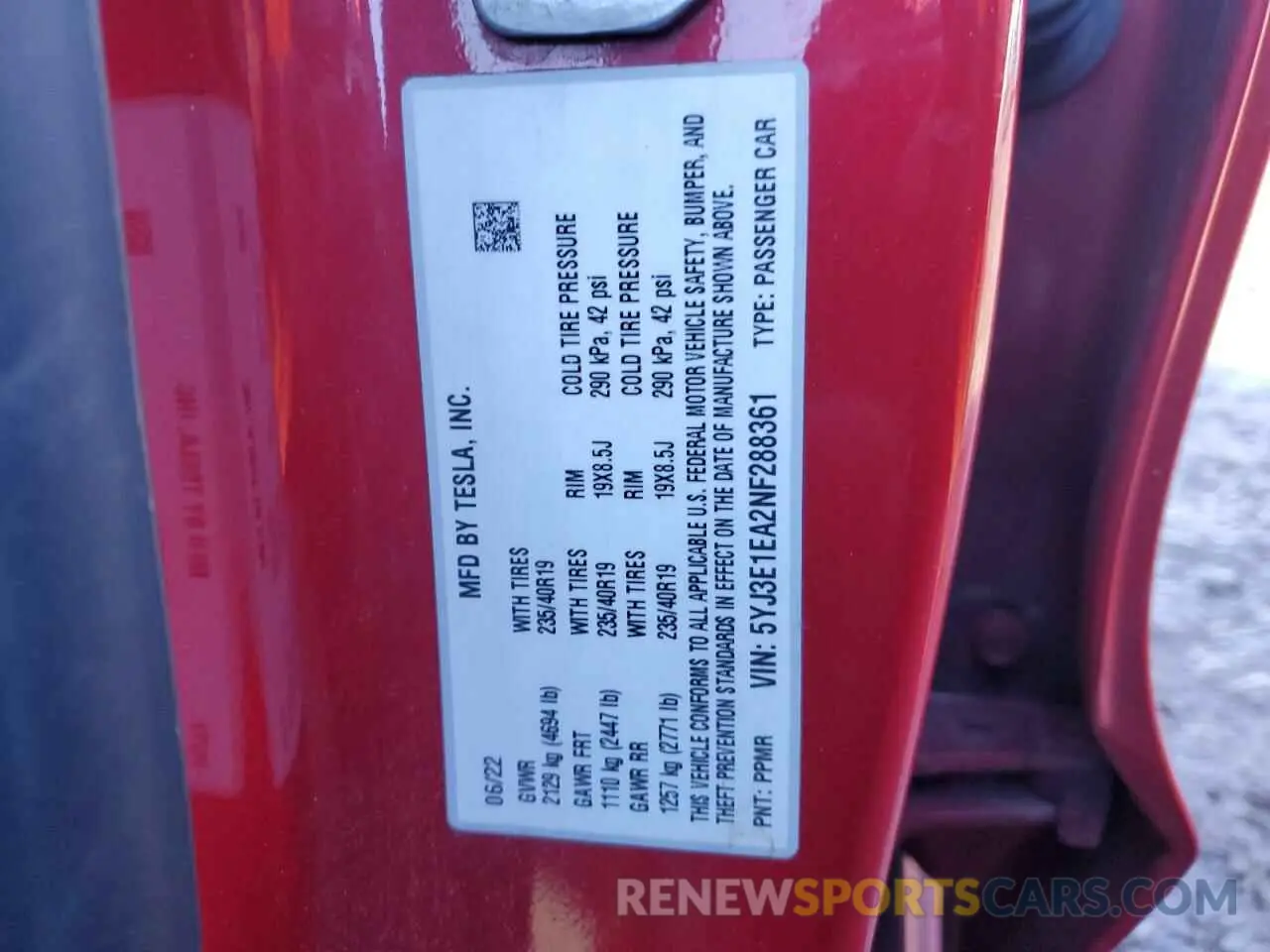 12 fotografías del automóvil dañado 5YJ3E1EA2NF288361 TESLA MODEL 3 2022
