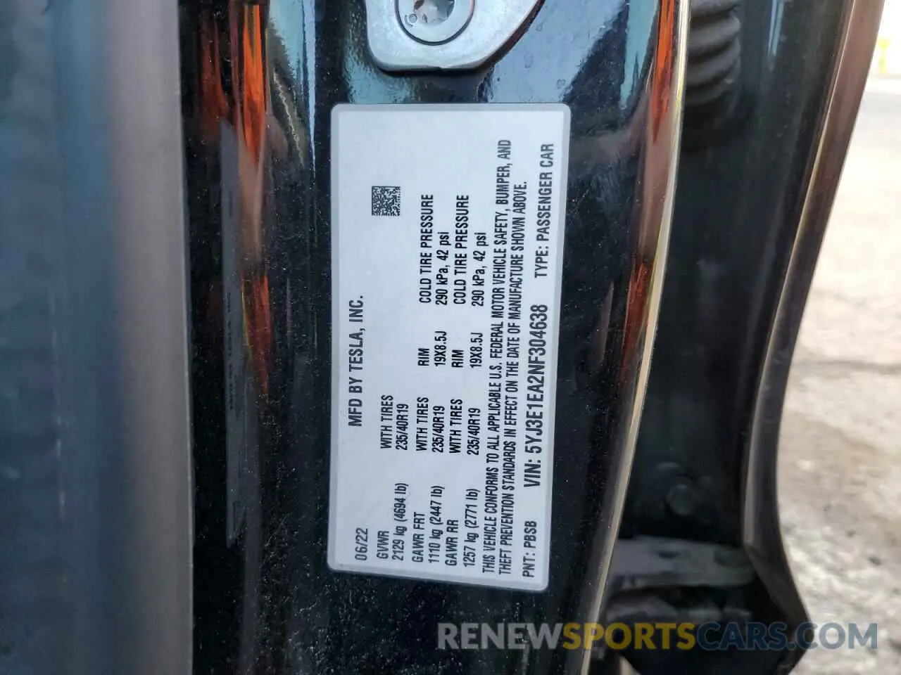 12 fotografías del automóvil dañado 5YJ3E1EA2NF304638 TESLA MODEL 3 2022