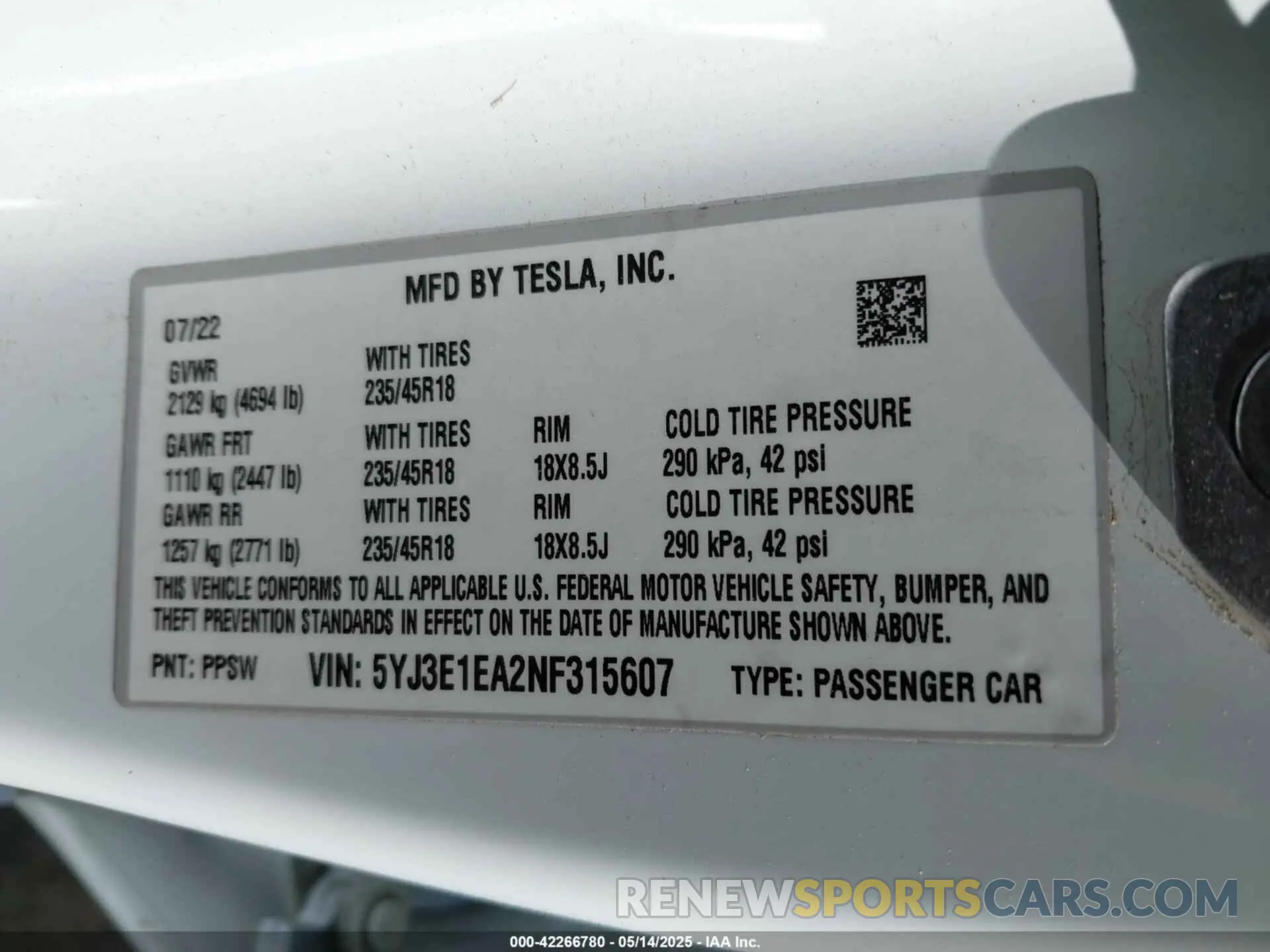 9 fotografías del automóvil dañado 5YJ3E1EA2NF315607 TESLA MODEL 3 2022