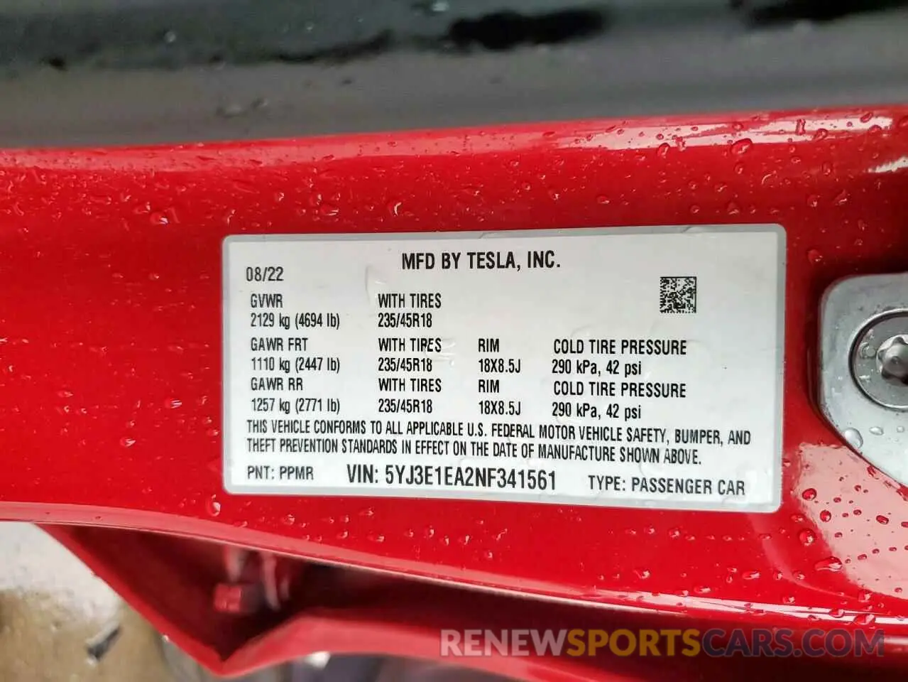 13 fotografías del automóvil dañado 5YJ3E1EA2NF341561 TESLA MODEL 3 2022