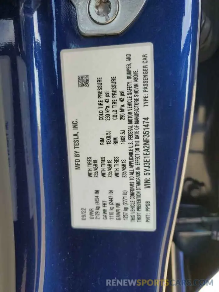 13 fotografías del automóvil dañado 5YJ3E1EA2NF351474 TESLA MODEL 3 2022