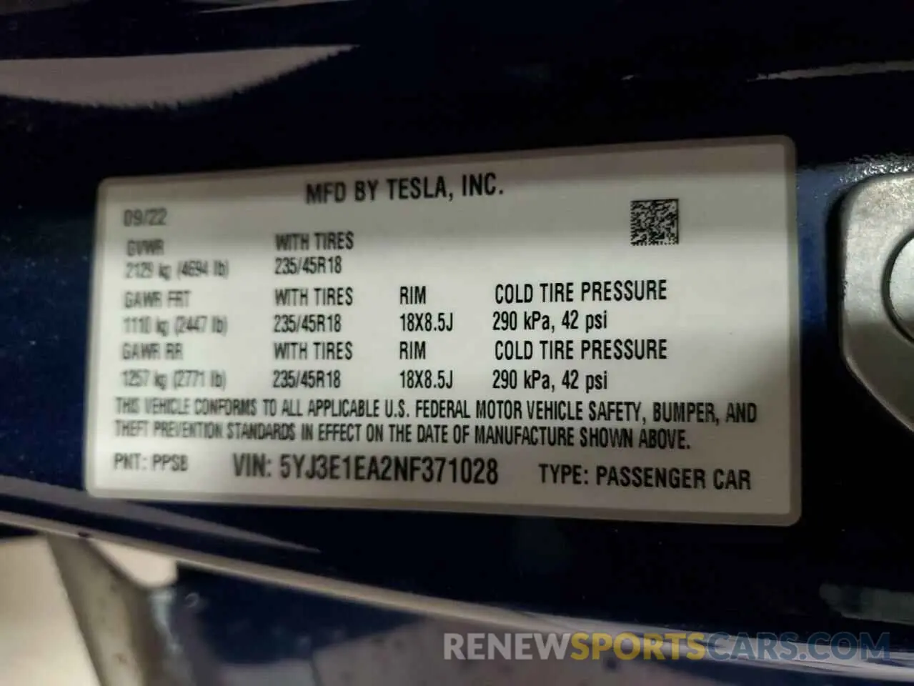 12 fotografías del automóvil dañado 5YJ3E1EA2NF371028 TESLA MODEL 3 2022