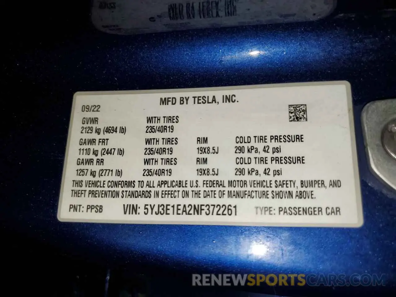 13 fotografías del automóvil dañado 5YJ3E1EA2NF372261 TESLA MODEL 3 2022