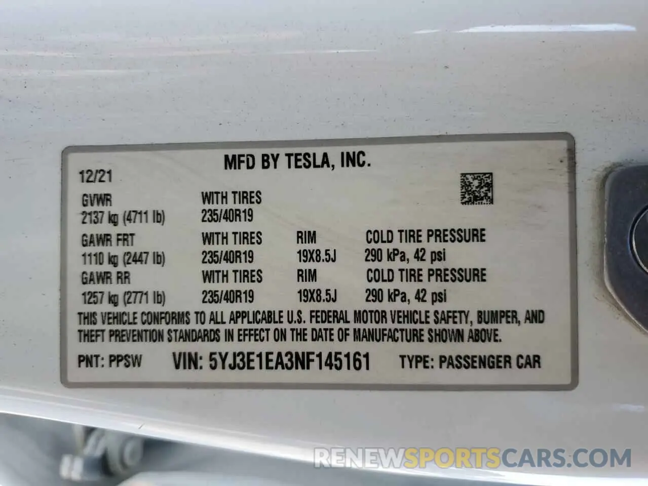 15 fotografías del automóvil dañado 5YJ3E1EA3NF145161 TESLA MODEL 3 2022