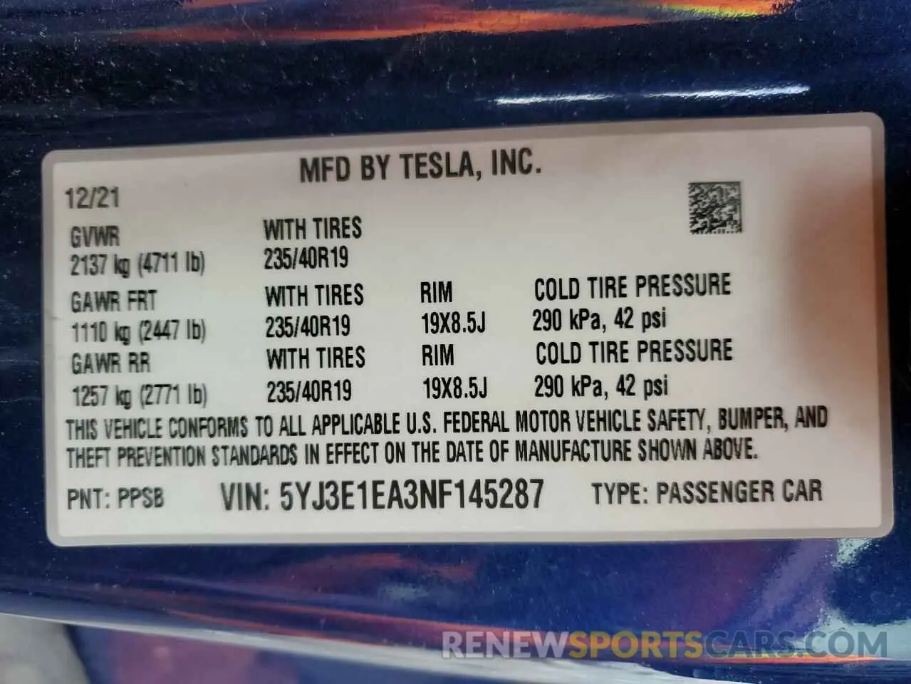 15 fotografías del automóvil dañado 5YJ3E1EA3NF145287 TESLA MODEL 3 2022