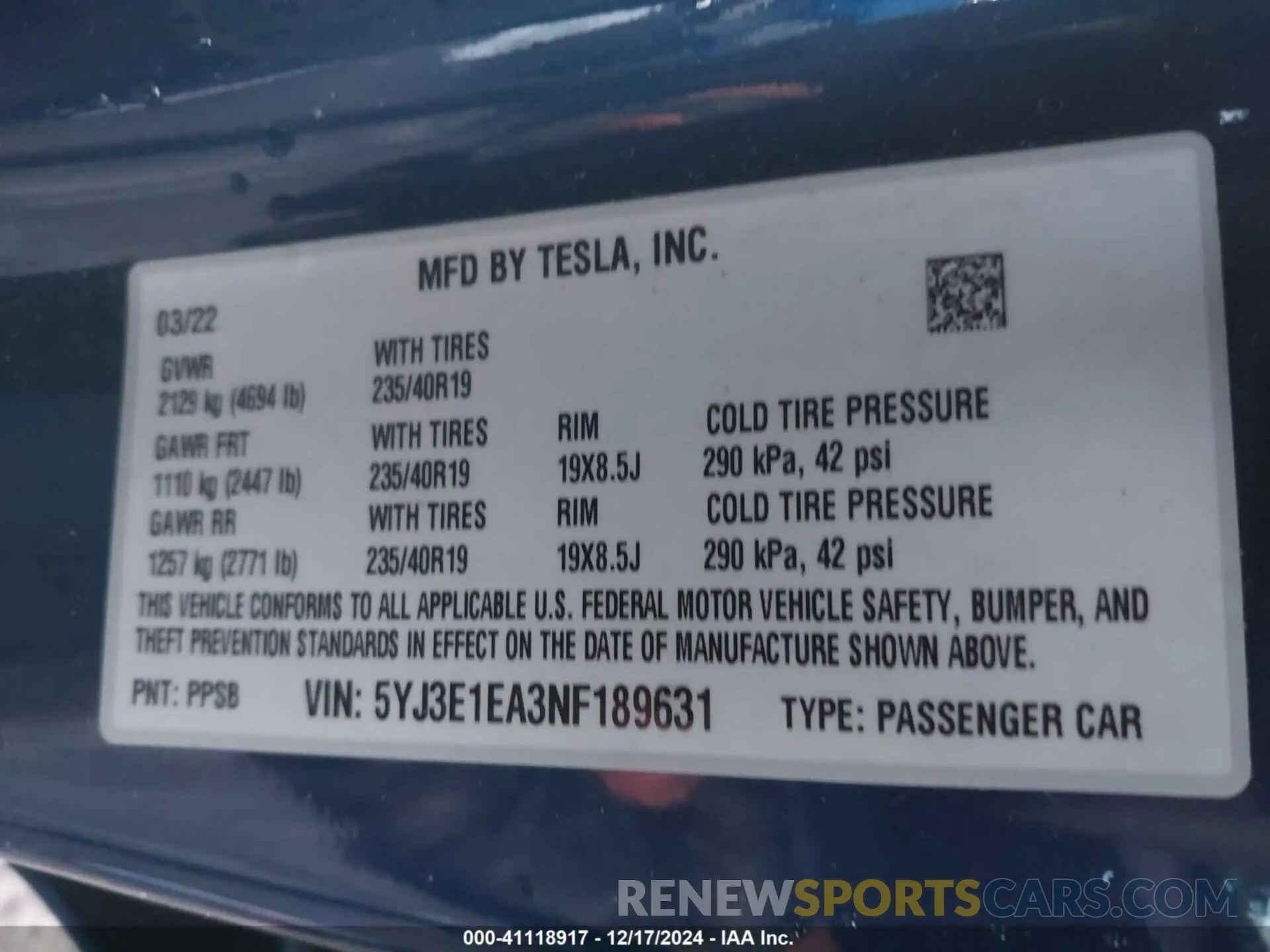 9 fotografías del automóvil dañado 5YJ3E1EA3NF189631 TESLA MODEL 3 2022