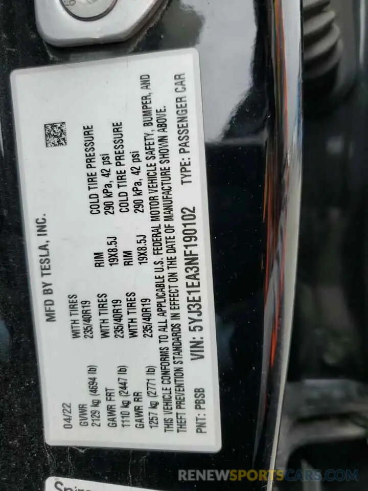 12 fotografías del automóvil dañado 5YJ3E1EA3NF190102 TESLA MODEL 3 2022