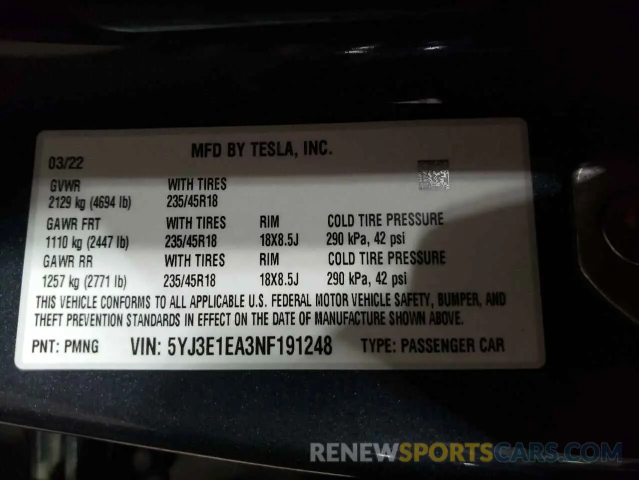 10 fotografías del automóvil dañado 5YJ3E1EA3NF191248 TESLA MODEL 3 2022