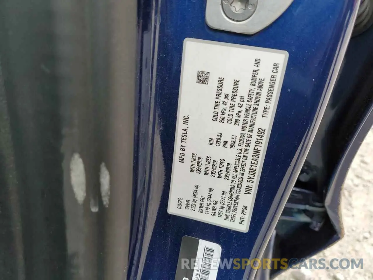 10 fotografías del automóvil dañado 5YJ3E1EA3NF191492 TESLA MODEL 3 2022