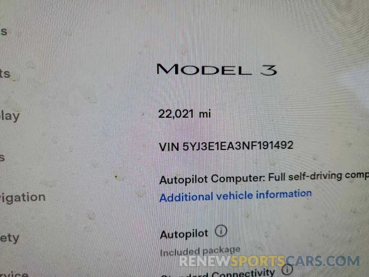 8 fotografías del automóvil dañado 5YJ3E1EA3NF191492 TESLA MODEL 3 2022