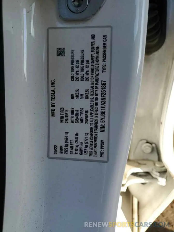 13 fotografías del automóvil dañado 5YJ3E1EA3NF251867 TESLA MODEL 3 2022