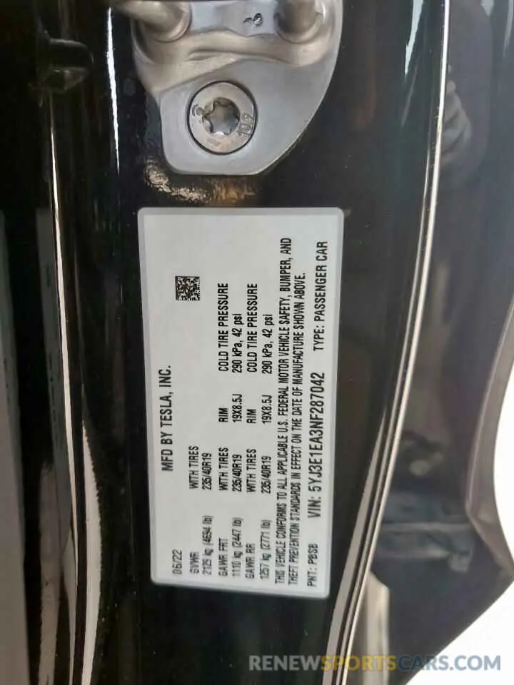 12 fotografías del automóvil dañado 5YJ3E1EA3NF287042 TESLA MODEL 3 2022