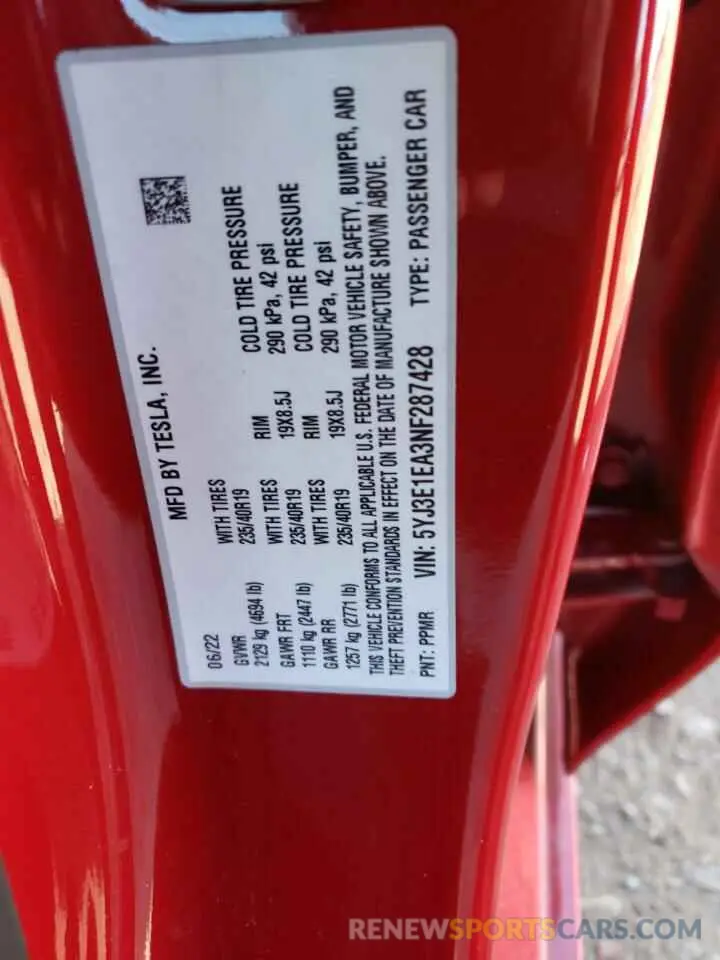 10 fotografías del automóvil dañado 5YJ3E1EA3NF287428 TESLA MODEL 3 2022