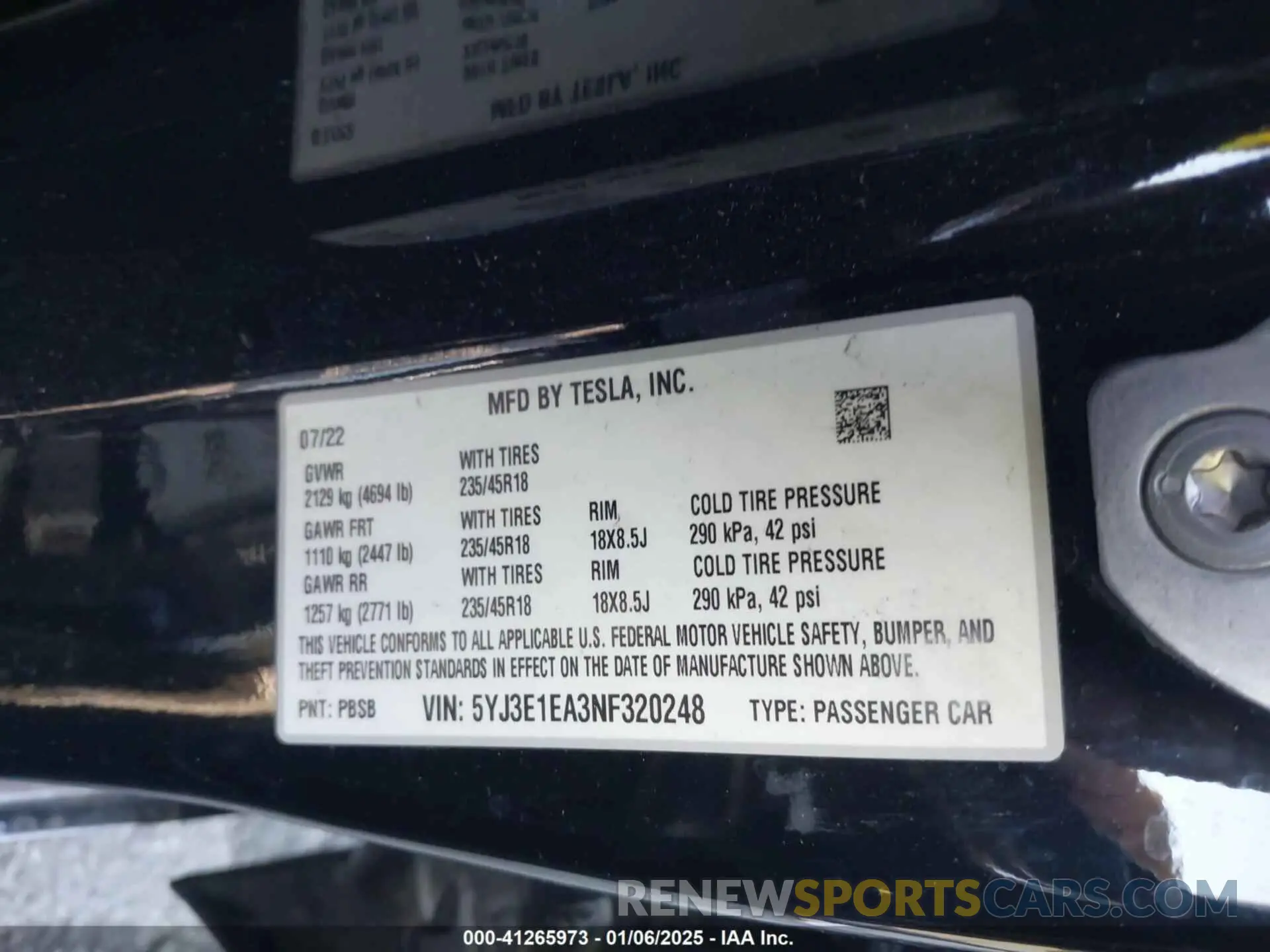 8 fotografías del automóvil dañado 5YJ3E1EA3NF320248 TESLA MODEL 3 2022
