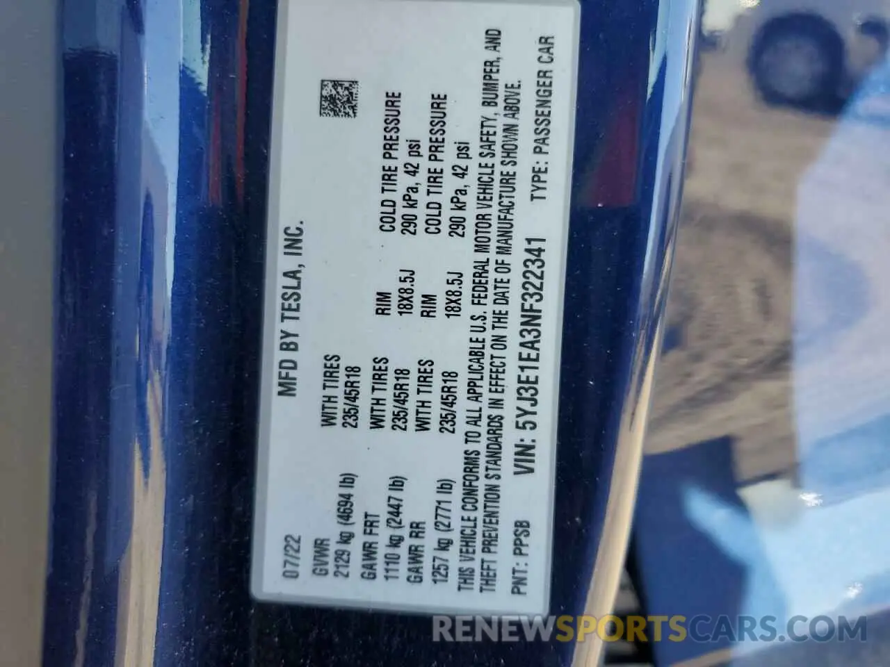 12 fotografías del automóvil dañado 5YJ3E1EA3NF322341 TESLA MODEL 3 2022