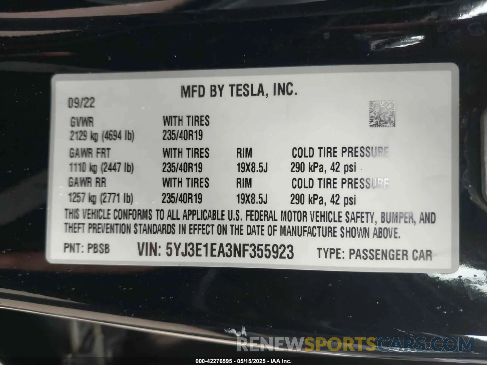 9 fotografías del automóvil dañado 5YJ3E1EA3NF355923 TESLA MODEL 3 2022