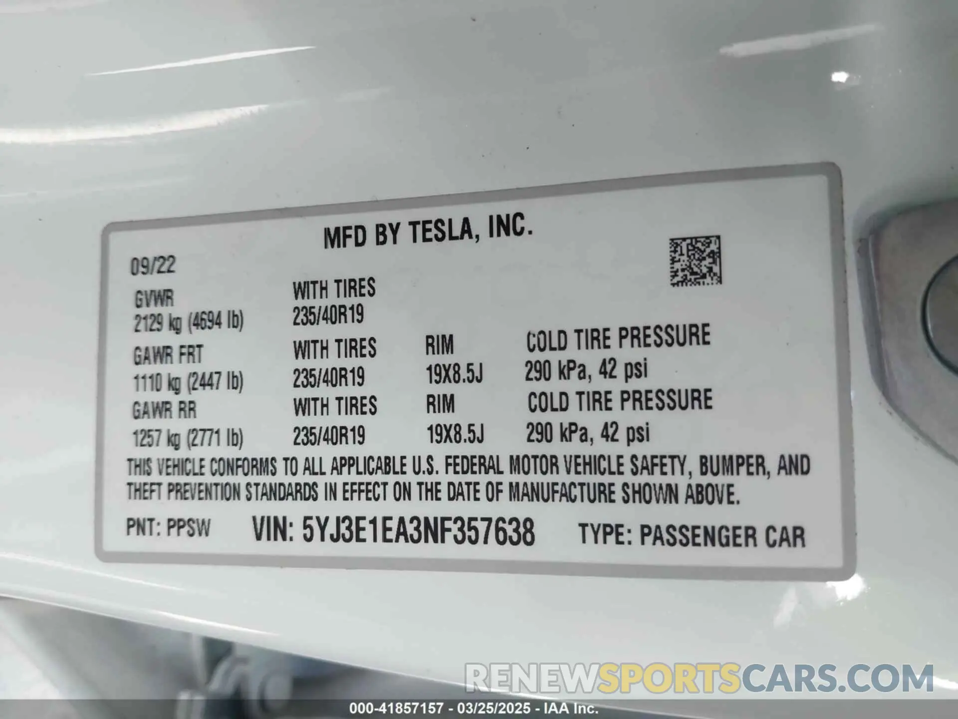 9 fotografías del automóvil dañado 5YJ3E1EA3NF357638 TESLA MODEL 3 2022