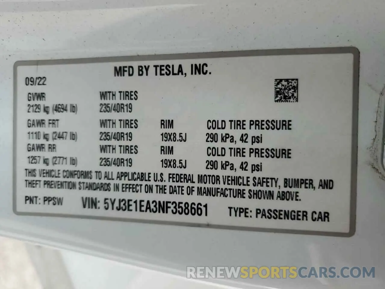 13 fotografías del automóvil dañado 5YJ3E1EA3NF358661 TESLA MODEL 3 2022
