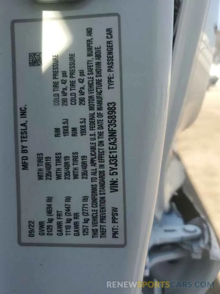12 fotografías del automóvil dañado 5YJ3E1EA3NF358983 TESLA MODEL 3 2022
