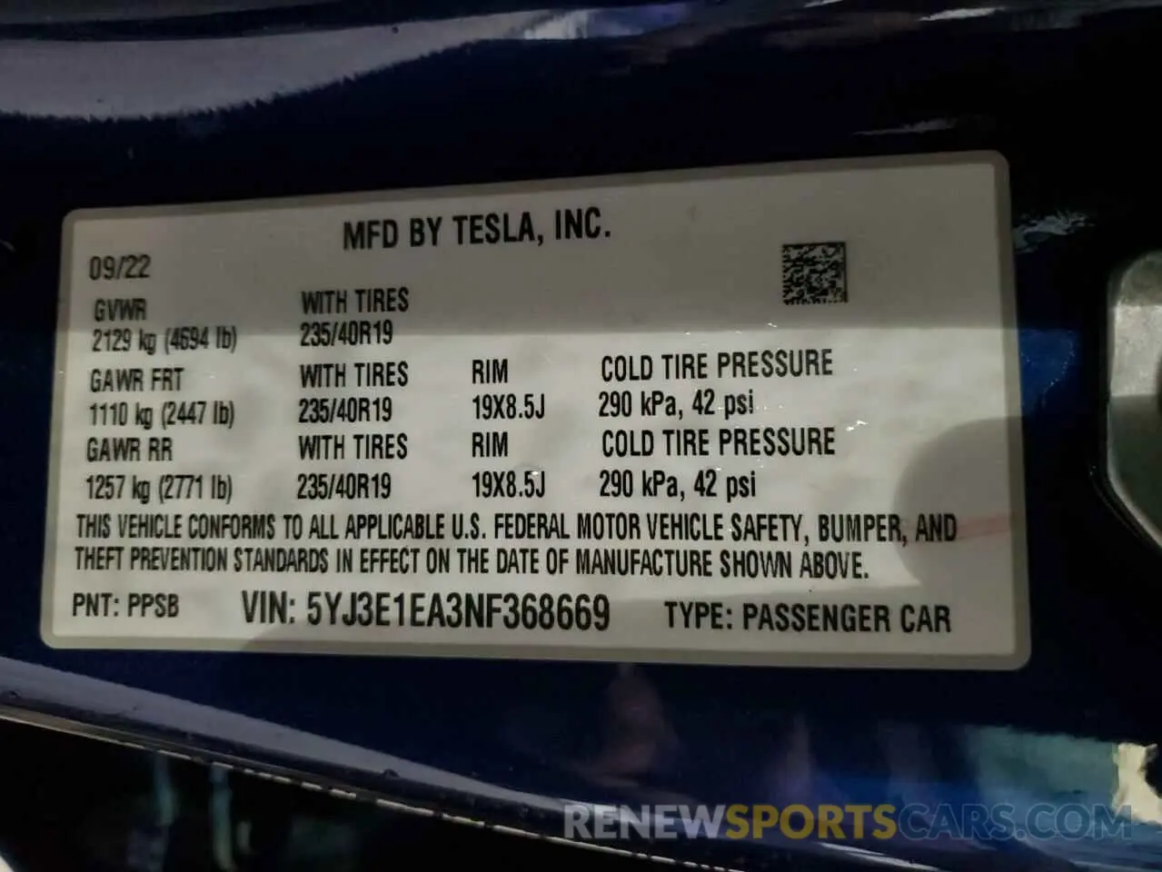 12 fotografías del automóvil dañado 5YJ3E1EA3NF368669 TESLA MODEL 3 2022