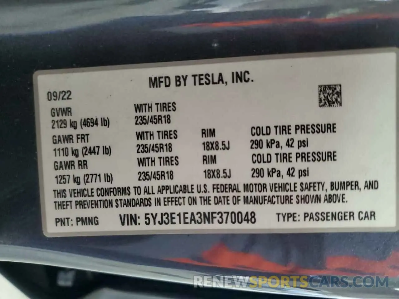 13 fotografías del automóvil dañado 5YJ3E1EA3NF370048 TESLA MODEL 3 2022
