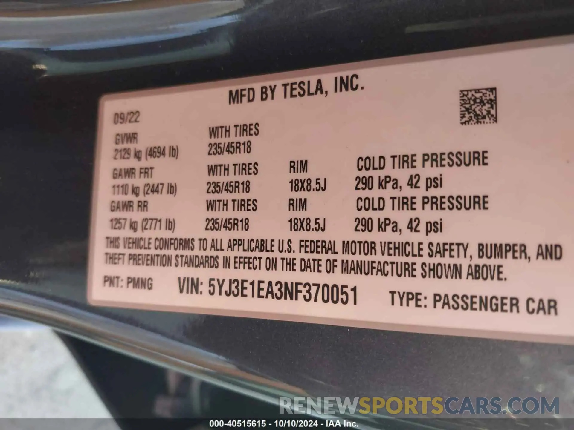 9 fotografías del automóvil dañado 5YJ3E1EA3NF370051 TESLA MODEL 3 2022