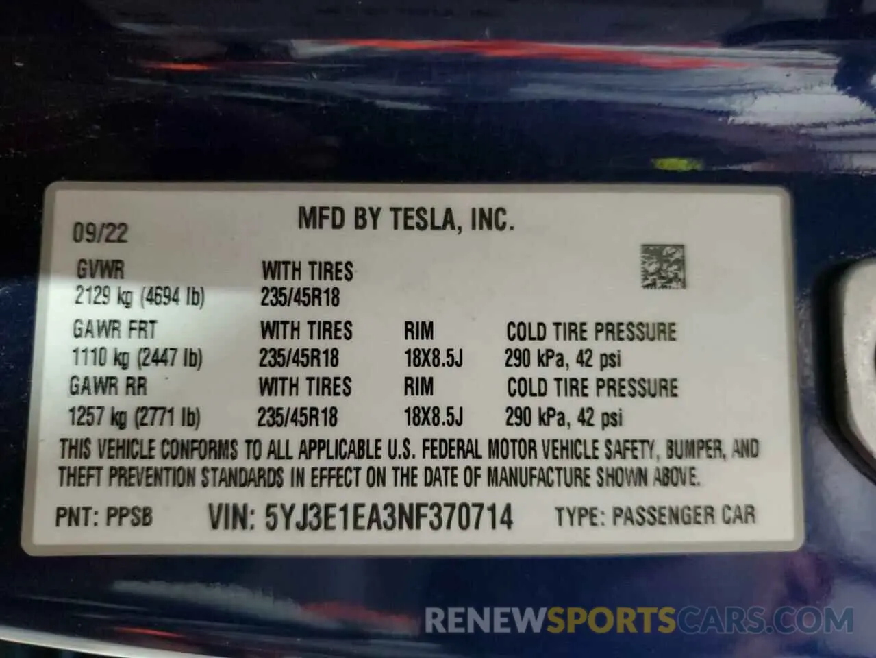 13 fotografías del automóvil dañado 5YJ3E1EA3NF370714 TESLA MODEL 3 2022