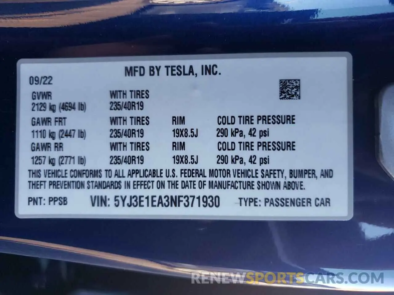 10 fotografías del automóvil dañado 5YJ3E1EA3NF371930 TESLA MODEL 3 2022