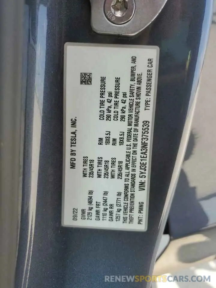 13 fotografías del automóvil dañado 5YJ3E1EA3NF375539 TESLA MODEL 3 2022