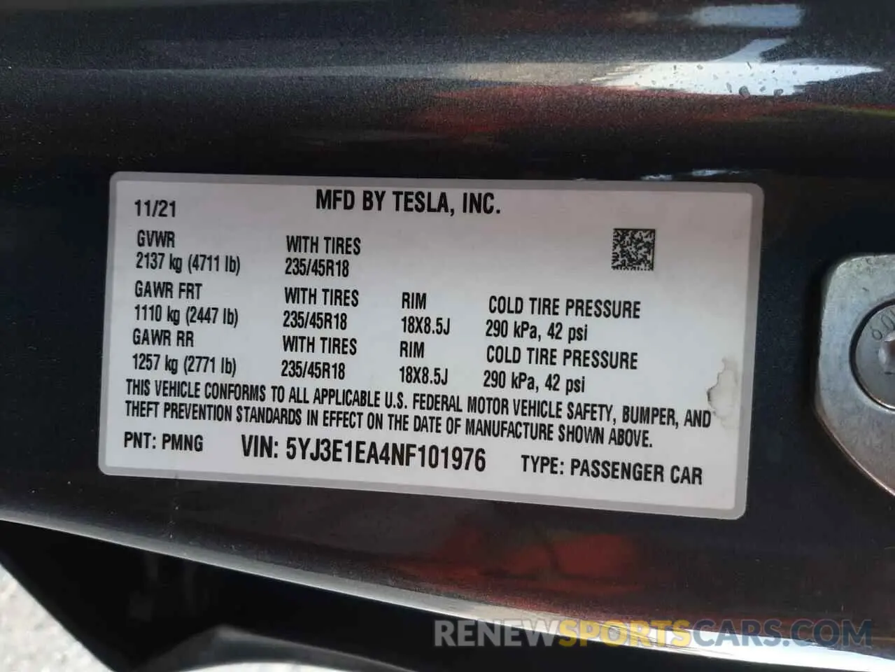 10 fotografías del automóvil dañado 5YJ3E1EA4NF101976 TESLA MODEL 3 2022